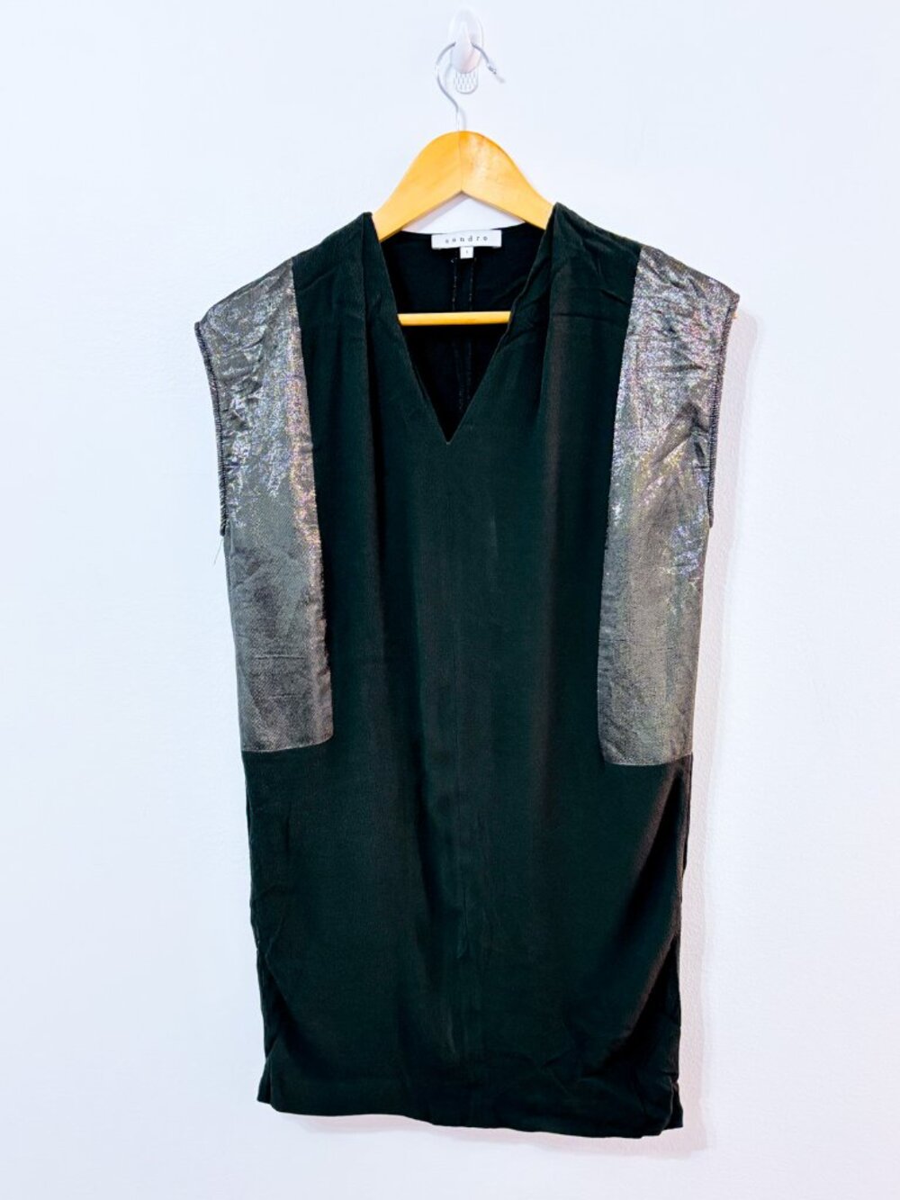 SANDRO Khaki Silk Tunic | Metallic Luxe Minimalist | Size 1